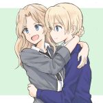  2girls bangs black_neckwear blazer blonde_hair blouse blue_eyes blue_sweater closed_mouth collared_blouse commentary darjeeling_(girls_und_panzer) girls_und_panzer green_background grey_jacket hair_intakes hug jacket kay_(girls_und_panzer) letterboxed long_hair long_sleeves looking_to_the_side multiple_girls mutsu_(layergreen) mutual_hug necktie open_clothes open_jacket open_mouth photoshop_(medium) redrawn saunders_school_uniform school_uniform short_hair sleeves_rolled_up smile st._gloriana&#039;s_school_uniform standing sweater tied_hair upper_body white_blouse yuri 