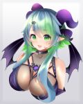  1girl bat_wings blue_hair breasts bsapricot_(vtuber) cleavage cleavage_cutout clothing_cutout colored_inner_hair fang fishnets green_eyes green_hair highres horns jewelry lich me_o_wy medium_breasts multicolored_hair multiple_horns pointy_ears short_hair skin_fang smile solo virtual_youtuber vshojo wings 