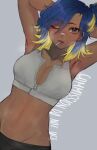  1girl absurdres armpits arms_behind_head arms_up artist_name black_pants blonde_hair blue_hair blush breasts brown_eyes candy cleavage cone_hair_bun dark-skinned_female dark_skin feiyuu food from_above grey_background hair_bun highres hip_bones lollipop looking_at_viewer looking_up medium_breasts mouth_hold multicolored_hair navel neon_(valorant) one_eye_closed pants signature simple_background solo sports_bra steam sweat twitter_username two-tone_hair unzipped upper_body valorant white_sports_bra 