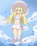  1girl absurdres arms_up bangs bikini bikini_bottom blonde_hair blunt_bangs blush braid breasts closed_mouth cloud collarbone commentary_request day eyelashes from_below green_eyes hands_on_headwear hat highres lillie_(pokemon) long_hair looking_at_viewer mockingeu navel outdoors pokemon pokemon_(anime) pokemon_sm_(anime) shiny shiny_skin skirt sky solo sun_hat swimsuit twin_braids wading water water_drop wavy_mouth white_headwear white_skirt 