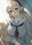  1girl alternate_costume black_hairband black_neckerchief closed_mouth commentary_request corrin_(female)_(fire_emblem) corrin_(fire_emblem) edamameoka fire_emblem fire_emblem_fates grey_shirt hairband highres long_hair long_sleeves looking_at_viewer neckerchief pointy_ears red_eyes sailor_collar shirt simple_background smile solo sunlight very_long_hair white_sailor_collar 