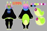 2024 5_fingers alien alien_humanoid antennae_(anatomy) black_clothing black_eyes black_hoodie black_legwear black_thigh_highs black_topwear clothing digital_media_(artwork) female fingers front_view green_antennae green_tail gummy_(yoobec) hair hoodie humanoid legwear model_sheet multicolored_hair nasa_logo open_mouth open_smile pink_hair purple_hair rear_view simple_background smile solo tail teeth thick_tail thigh_highs topwear yoobec