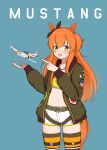  1girl aircraft airplane american_flag animal_ears artist_name atamonica blush dated highres horse_ears horse_girl looking_at_viewer mayano_top_gun_(umamusume) military navel open_mouth orange_hair p-51_mustang pointing shorts tail thighhighs umamusume 