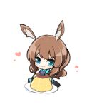  1girl :3 amiya_(arknights) animal_ears arknights ascot black_jacket blue_eyes blue_neckwear brown_hair chibi commentary danble eating food happy heart jacket long_hair oversized_food plate pudding rabbit_ears simple_background sitting solo symbol-only_commentary white_background 