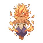  1boy :&lt; agni_(ragnarok_online) barefoot belt brown_belt chibi clenched_hands closed_mouth dark-skinned_male dark_skin fiery_hair fire full_body green_eyes hair_between_eyes hair_over_one_eye jewelry long_bangs long_hair male_focus muscular muscular_male no_nipples official_art orange_hair pants pointy_ears purple_pants ragnarok_online ring simple_background solo tan topless_male transparent_background yuichirou 
