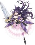  1girl armor armored_dress breasts date_a_live dress full_body long_hair medium_breasts official_art open_mouth purple_dress purple_eyes purple_hair shoulder_armor solo sword transparent_background weapon yatogami_tooka 