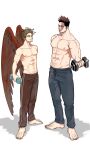  2boys abs absurdres bara barefoot beard black_pants blue_eyes boku_no_hero_academia dumbbell eye_contact facial_hair full_body hawks_(boku_no_hero_academia) highres jo_tuesday19 large_pectorals looking_at_another male_focus mature_male multiple_boys muscular muscular_male nipples pants pectorals pout red_hair red_pants scar scar_across_eye shirtless short_hair sideburns smile spiked_hair stomach stubble todoroki_enji toned toned_male track_pants weightlifting 