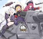  3girls absurdres armband black_coat blue_archive closed_eyes coat gehenna_academy_logo german_text halo hat highres hina_(blue_archive) ibuki_(blue_archive) iroha_(blue_archive) jacket long_hair military_hat military_jacket military_vehicle motor_vehicle multiple_girls necktie nekoya_(liu) peaked_cap purple_halo red_armband red_hair red_necktie safety_pin tank tiger_i translation_request wavy_hair yellow_halo 