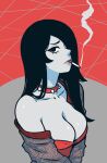  1girl akairiot black_hair breasts cigarette cleavage collar hair_over_one_eye highres jacket large_breasts long_hair looking_at_viewer open_clothes open_jacket original simple_background smoke smoking solo spiked_collar spikes 