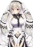  1girl azur_lane bare_shoulders black_choker black_neckwear black_sailor_collar bow_dress breasts bridal_gauntlets choker clothing_cutout cowboy_shot dress elbow_gloves eyebrows_visible_through_hair feather_dress formidable_(azur_lane) formidable_(timeless_classics)_(azur_lane) gloves hand_on_own_chest highres large_breasts long_hair looking_at_viewer navel_cutout nori_aji official_alternate_costume red_eyes sailor_collar see-through silver_hair simple_background sleeveless sleeveless_dress solo twintails two-tone_dress two-tone_ribbon veil very_long_hair white_background white_dress 