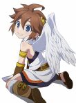 317smbr angel blue_eyes brown_hair clothing feathered_wings feathers footwear hair hi_res humanoid kid_icarus light_body light_skin looking_at_viewer looking_back looking_back_at_viewer male nintendo not_furry pit_(kid_icarus) sandals simple_background smile solo winged_humanoid wings