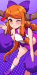  1girl bent_over blunt_bangs blush bmkro bow cheerleader closed_mouth commentary hair_bow heart highres horns ibuki_suika long_hair looking_at_viewer low-tied_long_hair one_eye_closed orange_eyes orange_hair pink_skirt polka_dot polka_dot_background pom_pom_(cheerleading) purple_background purple_bow purple_footwear skirt socks solo symbol-only_commentary touhou very_long_hair white_socks 
