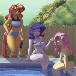 anthro anthrofied bikini biped breasts cleavage clothed clothing detailed_background equestria_girls eyelashes female fluttershy_(eg) group hair hasbro human kevinsano mammal my_little_pony open_mouth open_smile pink_hair pupils purple_hair rarity_(eg) red_hair sitting smile sunset_shimmer_(eg) swimming_pool swimwear thick_thighs trio white_body yellow_body