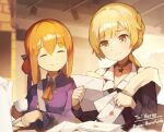  2girls blonde_hair choker closed_eyes closed_mouth coffee_pot commentary_request commission cup envelope eyebrows_visible_through_hair girls&#039;_frontline holding holding_cup holding_letter indoors jacket letter long_hair long_sleeves love_letter multiple_girls off_shoulder orange_hair ots-14_(girls&#039;_frontline) ponytail sidelocks skeb_commission smile springfield_(girls&#039;_frontline) suginakara_(user_ehfp8355) upper_body yellow_eyes 