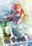  1girl amou_kanade bangs barefoot black_bra blue_dress bra bra_through_clothes dress hair_behind_ear hand_on_own_head happy_birthday high_heels highres holding holding_shoes long_hair open_mouth red_eyes red_hair reflection ripples senki_zesshou_symphogear shoes shoes_removed solo twitter_username underwear water yoshii_dan 