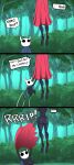 absurd_res accident accidental_exposure arthropod assisted_exposure black_body bluebirdoasis breasts butt cloak_only dialogue ellipsis empty_eyes forest grey_cloak hi_res hollow_knight hornet_(hollow_knight) insect nude plant rear_view red_cloak small_breasts speech_bubble stuck team_cherry text the_knight_(hollow_knight) tree white_body
