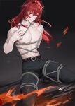  1boy abs absurdres belt black_background black_pants diluc_(genshin_impact) fire genshin_impact hair_between_eyes highres long_hair lu_luu99 male_focus muscular muscular_male nipples pants red_eyes red_hair rope scar solo topless_male 