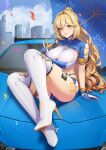  1girl 678749155 :d bianka_durandal_ataegina black_panties blonde_hair blue_eyes blue_gloves blue_shirt blue_shorts blue_sky boots bra breasts car city cleavage cleavage_cutout clothing_cutout cloud cloudy_sky confetti gloves grin high_heel_boots high_heels highleg highleg_panties holding holding_umbrella honkai_(series) honkai_impact_3rd large_breasts lipstick long_hair makeup motor_vehicle outdoors panties ponytail race_queen race_vehicle racecar shirt short_shorts short_sleeves shorts sitting sky smile solo teeth thigh_boots umbrella underwear v very_long_hair wavy_hair white_bra white_footwear 