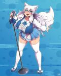  1girl animal_ear_fluff animal_ears blue_eyes blue_skirt breasts highres indie_virtual_youtuber large_breasts lumi_(merryweather) microphone microphone_stand ryou_sakai skirt smile solo tail thighhighs virtual_youtuber white_hair wolf_ears wolf_girl wolf_tail 