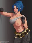 1girl abs adjusting_clothes bare_shoulders belt biceps black_gloves blue_eyes blue_hair breasts collarbone earrings fanbox_username gas_can gloves highres jewelry large_breasts leona_heidern looking_at_viewer midriff muscular muscular_female nipples one_breast_out pants parted_lips patreon_logo patreon_username ponytail pouch putcher simple_background sleeveless smile solo standing tank_top the_king_of_fighters the_king_of_fighters_xiii triangle_earrings watermark web_address white_tank_top 