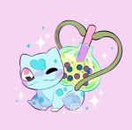  +_+ artist_name blush_stickers bulbasaur claws closed_mouth commentary drinking_straw fangs fangs_out full_body leaphere no_humans one_eye_closed pink_background pink_eyes plant pokemon pokemon_(creature) signature smile solo vines 