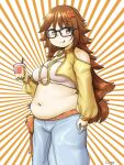  1girl :q bangs bare_shoulders belly black-framed_eyewear blue_pants bow bra breasts brooch brown_eyes brown_hair bubble_tea closed_mouth clothing_cutout commentary_request crop_top drink eyebrows_visible_through_hair fate/extra fate/extra_ccc fate/grand_order fate_(series) feet_out_of_frame ganesha_(fate) glasses hair_bow highres holding holding_drink jewelry jinako_carigiri long_hair long_sleeves looking_at_viewer midriff muffin_top navel off_shoulder pants plump puffy_sleeves ring shigekikkusu shoulder_cutout signature solo striped striped_background tongue tongue_out underwear very_long_hair white_background white_bra 