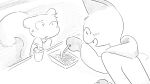 animal_crossing anthro blush bodily_fluids clothed clothing container cup dialogue_in_description domestic_cat dragonweirdo drinking_straw duo felid feline felis female food fries greyscale hi_res holding_food holding_object hoodie male mammal marshal_(animal_crossing) monochrome nintendo olivia_(animal_crossing) open_mouth open_smile rodent sciurid smile sweat sweatdrop topwear tree_squirrel