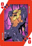 abs anthro bandai_namco blindfold blonde_hair blush bulge card digimoji digimon digimon_(species) ear_piercing ear_ring goo_creature hair hi_res leomon male muscular muscular_anthro muscular_male nipples pecs piercing playing_card ring_piercing roaringmoon slime solo suit_symbol