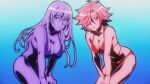  2girls anime_screenshot bikini breasts cleavage eyebrows_hidden_by_hair hair_between_eyes hair_over_one_eye hands_on_own_knees highres large_breasts lips long_hair looking_at_viewer multicolored_hair multiple_girls multiple_monochrome non-web_source official_art open_mouth purple_bikini red_bikini rona_(tsuki_ga_michibiku_isekai_douchuu) shadow short_hair slit_pupils sofia_bulga squatting streaked_hair swimsuit tsuki_ga_michibiku_isekai_douchuu 