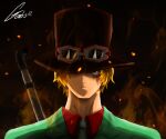  1boy absurdres black_hat blonde_hair closed_mouth commentary english_commentary gabskk goggles goggles_on_headwear hat hat_over_one_eye highres lead_pipe looking_at_viewer male_focus one_piece sabo_(one_piece) scar scar_across_eye scar_on_face short_hair signature solo top_hat weapon weapon_on_back 