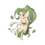  1girl ahoge angel_wings bangle bracelet breasts chibi closed_mouth dress ear_wings full_body green_eyes green_hair green_sash hands_on_own_hips high_ponytail huge_ahoge jewelry leaf long_hair looking_at_viewer official_art ragnarok_online sash simple_background small_breasts smile solo standing standing_on_one_leg strapless strapless_dress transparent_background ventus_(ragnarok_online) very_long_hair white_dress wings yuichirou 