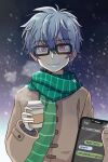  1boy alternate_costume animification breath coffee coffee_cup cup disposable_cup glasses holding holding_cup iggy_maxwell male_focus our_wonderland outdoors phone red_eyes scarf short_hair snow snowing solo solo_focus spanish_text white_hair winter winter_clothes ximsol182 