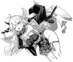 1girl asymmetrical_horns azur_lane bad_link black_gloves breasts dress fang fang_out gloves greyscale hakuryuu_(azur_lane) holding holding_sword holding_weapon hori_(hori_no_su) horns large_breasts long_hair monochrome one_eye_closed ootachi pleated_dress skindentation sword weapon wide_sleeves 