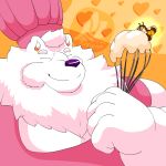 1:1 antennae_(anatomy) anthro apron arthropod barazoku bee belly brown_body brown_fur bumble_beans(fujiyamasamoyed) canid canine canis clothed clothing digital_media_(artwork) domestic_dog duo fluffy fujiyama_kenhaku fujiyama_samoyed_(artist) fur hi_res hybrid hymenopteran insect kemono kitchen_utensils larger_male male male/male mammal micro nordic_sled_dog obese obese_anthro obese_male overweight overweight_anthro overweight_male raccoon_dog samoyed simple_background size_difference smaller_male smile spitz tanuki tools toque watermark whisk wings yellow_body