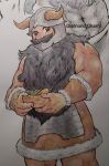  1boy bara beard bowl brown_hair colored_pencil_(medium) cowboy_shot diamond-okami dungeon_meshi dwarf empty_eyes facial_hair fake_horns full_beard helmet highres holding holding_bowl horned_helmet horns long_beard looking_at_viewer male_focus muscular muscular_male photo_(medium) senshi_(dungeon_meshi) solo thick_beard thick_mustache traditional_media very_long_beard 