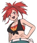  1girl bare_arms breasts flannery_(pokemon) gigobyte350 hand_on_own_hip looking_at_viewer midriff navel open_mouth pokemon pokemon_oras red_eyes red_hair shirt simple_background solo tied_shirt v-shaped_eyebrows white_background 