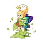  1girl :d blonde_hair bloomers blue_brooch brown_dress butterfly_wings capelet chibi dress floating flower full_body gradient_wings green_capelet green_eyes green_footwear green_wings hair_flower hair_ornament insect_wings leaf long_hair looking_at_viewer multicolored_wings official_art open_mouth purple_wings ragnarok_online shoes simple_background smile solo teeth transparent_background upper_teeth_only white_bloomers wings wooden_fairy yellow_flower yuichirou 