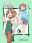  1girl animal_ears brown_hair fang flat_chest green_eyes highres ki_(adotadot) off_shoulder oka_asahi onii-chan_wa_oshimai! open_mouth rabbit rabbit_ears ria_(thiho1227) short_hair shorts smile socks star_(symbol) star_in_eye symbol_in_eye thighs 