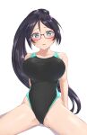  1girl aimobake bad_id bad_twitter_id bangs bespectacled black_hair black_swimsuit blue_eyes blush breasts commentary competition_swimsuit covered_navel glasses highres idolmaster idolmaster_cinderella_girls large_breasts long_hair looking_at_viewer one-piece_swimsuit parted_lips ponytail red-framed_eyewear semi-rimless_eyewear simple_background sitting solo spread_legs sugisaka_umi sweatdrop swept_bangs swimsuit under-rim_eyewear white_background 