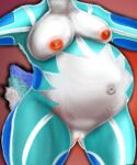 absurd_res anthro belly belly_focus big_belly blue_body blue_fur breasts female fur genitals heartlessangel3d hi_res navel nipples nude petra_the_defend_deer pregnant pussy solo white_body white_fur
