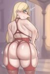  1girl ass ass_focus blonde_hair blue_eyes breasts from_behind garter_belt garter_straps highres hilling_(ousama_ranking) huge_ass kelvin_hiu large_breasts lingerie long_hair looking_back mature_female motion_lines ousama_ranking panties parted_bangs plump pointy_nose solo thick_thighs thighhighs thighs thong underwear underwear_only 