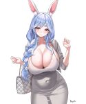  1girl animal_ear_fluff animal_ears bag blue_hair blush bow braid braided_ponytail breasts cleavage collarbone covered_navel dongtan_dress dress grey_dress grey_jacket hair_between_eyes hair_bow hair_over_shoulder hand_up handbag highres holding holding_bag hololive huge_breasts jacket jewelry long_hair looking_at_viewer mature_female meme_attire multicolored_hair nail_polish pekomama rabbit_ears rabbit_girl red_eyes ring scoop_neck short_eyebrows signature simple_background smile solo taut_clothes taut_dress thick_eyebrows tight_clothes tight_dress upper_body virtual_youtuber white_background white_bow white_hair yan.c 