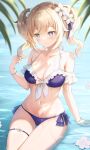  1girl alternate_costume barbara_(genshin_impact) bare_shoulders beach bikini blonde_hair blue_bikini blue_eyes blush breasts closed_mouth collarbone commentary_request flower frilled_bikini frills front-tie_bikini_top front-tie_top genshin_impact hair_flower hair_ornament highres looking_to_the_side medium_breasts nasii navel ocean off-shoulder_bikini off_shoulder purple_bikini solo stomach swimsuit twintails wet white_flower 
