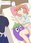  2girls absurdres between_legs blue_hair blue_ribbon blue_shirt blush brown_shorts commentary_request crossed_bangs dark_blue_hair ereka facing_another from_above hair_ornament hair_ribbon head_on_pillow heart highres hinoshita_kaho link!_like!_love_live! long_hair love_live! low_twintails lying medium_hair midriff multiple_girls murano_sayaka navel on_bed on_side orange_hair own_hands_together rabbit_hair_ornament ribbon shirt short_sleeves shorts sketch sleeping spoken_heart stuffed_eggplant t-shirt timestamp translation_request twintails virtual_youtuber 