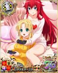  2girls ahoge asia_argento blonde_hair blue_eyes breasts card_(medium) chess_piece collarbone controller couch eyebrows_visible_through_hair green_eyes hair_between_eyes heart high_school_dxd high_school_dxd_pi holding holding_controller king_(chess) large_breasts long_hair long_sleeves multiple_girls official_art open_mouth pillow red_hair rias_gremory sitting tongue tongue_out 