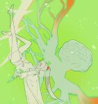  1girl bare_legs brain carmen_(project_moon) dress enkephalin_(project_moon) green_background greyscale_with_colored_background high_ponytail highres lab_coat limbus_company lobotomy_corporation nervous_system patchfire project_moon simple_background solo upside-down 