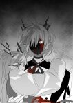  2girls alina_(arknights) animal_ears antlers arknights blood blood_on_clothes blood_on_face carrying closed_eyes commentary corrupted_twitter_file deer_antlers deer_ears greyscale hair_over_one_eye hand_on_another&#039;s_shoulder highres horns long_hair long_sleeves molu_stranger monochrome multiple_girls pointy_ears princess_carry short_hair spot_color talulah_(arknights) 