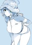  1girl bare_legs blue_archive blue_theme blush breasts bucket_hat goshiki_suzu green_eyes halo hat highres large_breasts looking_at_viewer monochrome official_alternate_costume raglan_sleeves rash_guard saki_(blue_archive) saki_(swimsuit)_(blue_archive) short_hair solo thighs 