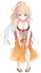  1girl aqua_eyes bare_shoulders bikini blonde_hair blush braid breasts cleavage closed_mouth clov3r collarbone eyebrows_visible_through_hair flower frilled_bikini frills full_body g36_(girls&#039;_frontline) girls&#039;_frontline hair_flower hair_ornament highres leaning_forward long_hair looking_at_viewer medium_breasts navel ponytail sandals sarong solo standing swimsuit white_background 