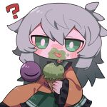  1girl :3 :p ? bright_pupils collar eyeball food food_on_face green_collar green_eyes green_skirt grey_hair highres holding holding_food ice_cream komeiji_koishi long_hair long_sleeves looking_at_viewer no_headwear shirt simple_background skirt smile solo third_eye tongue tongue_out touhou upper_body white_background wide_sleeves yellow_shirt zunusama 